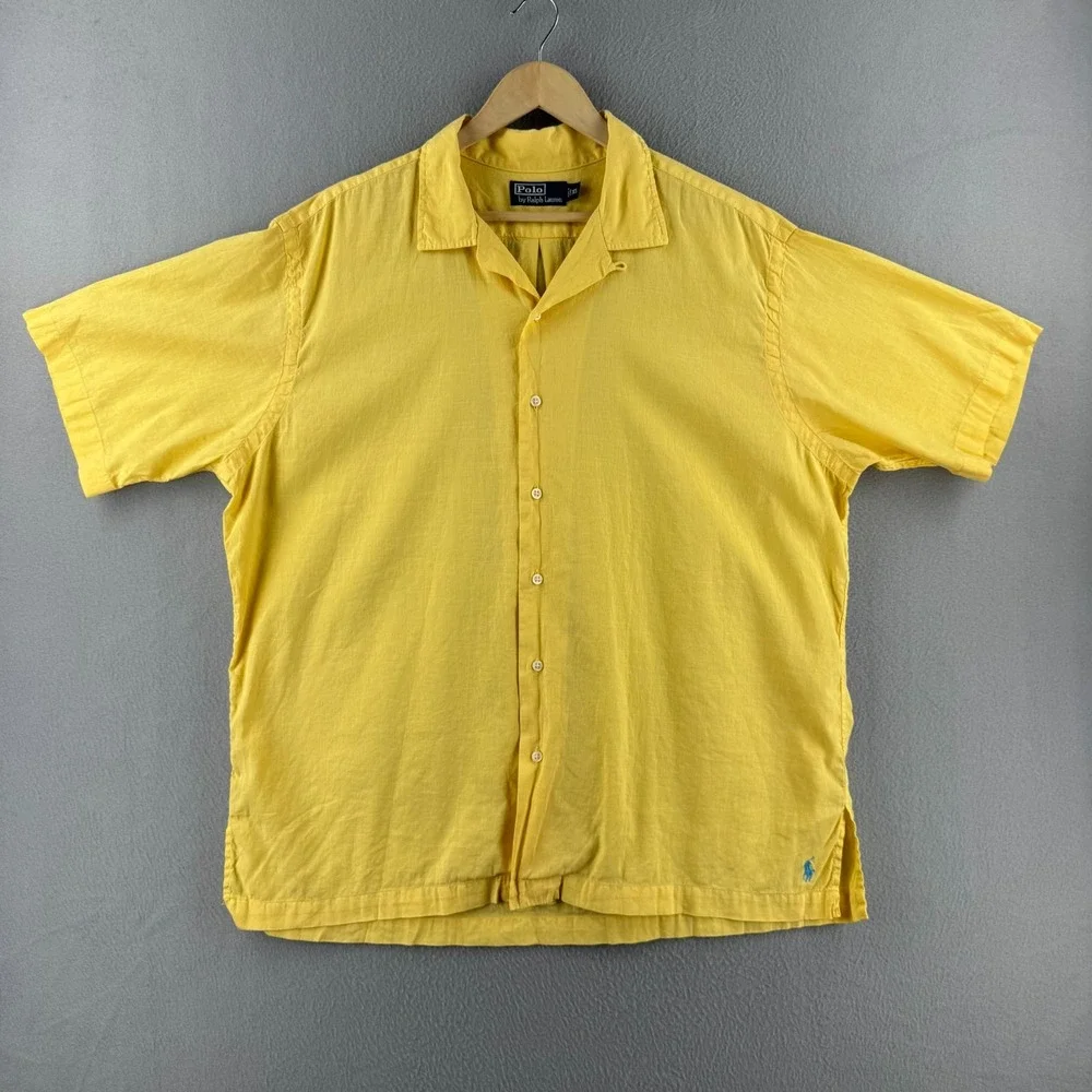 Vintage Polo Ralph Lauren Shirt Mens XL Yellow Linen Blend Loop Collar Camp